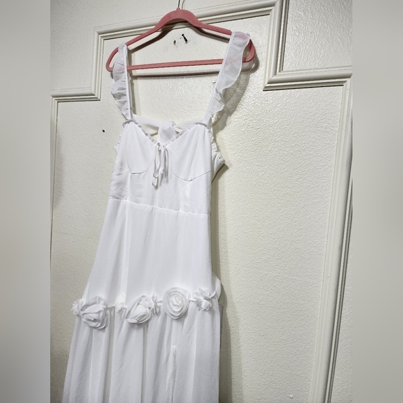 Lulus Romantic Attitude White Chiffon Rosette Drop Waist Maxi Dress XL Wedding - Picture 7 of 9